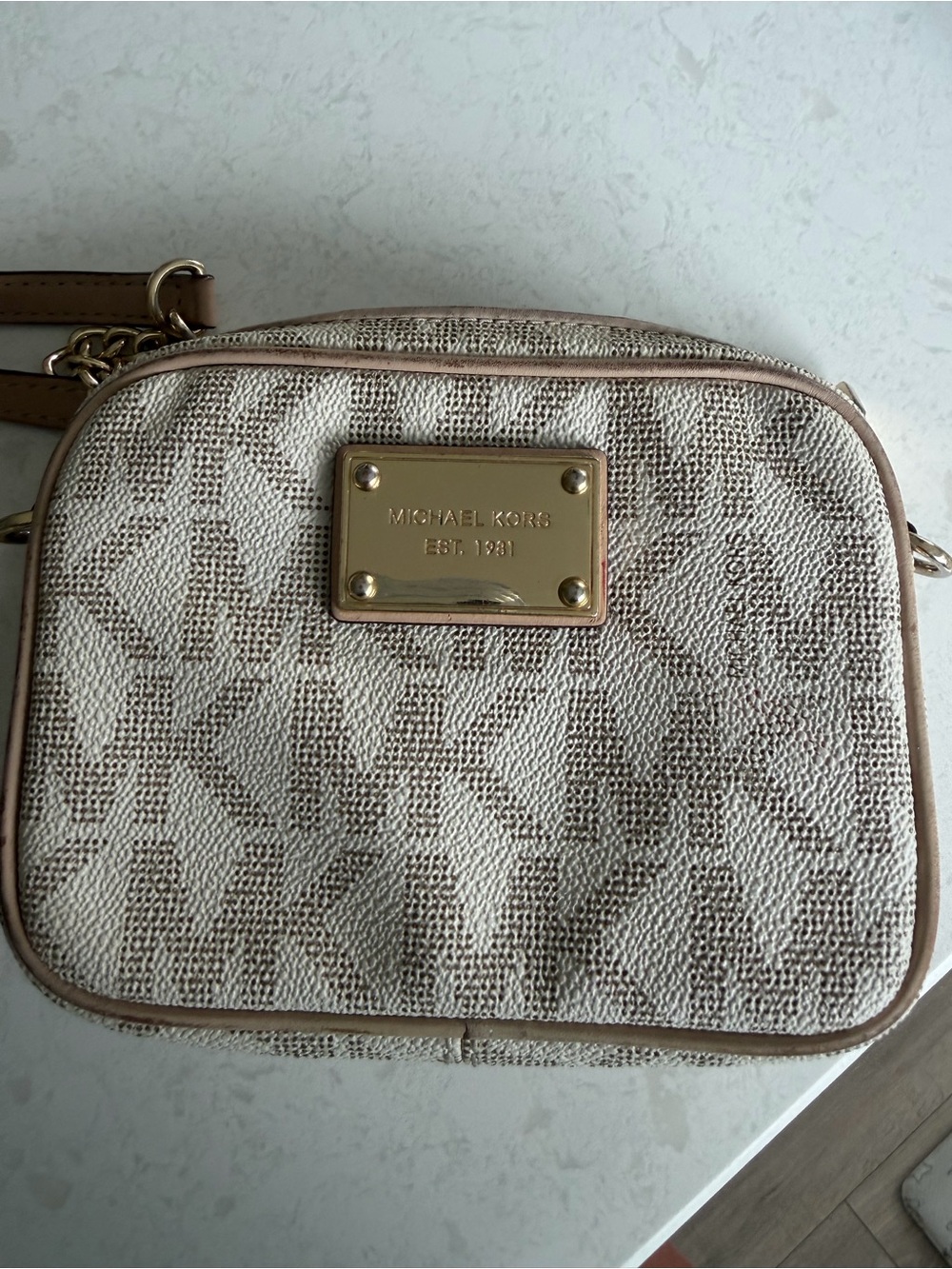 Michael Kors Beige Logo Canvas Crossbody with Gold Plaque